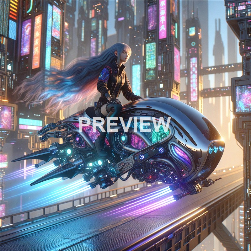 A futuristic scene featuring a woman with long, flowing hair riding a sleek, high-tech hoverbike through a vibrant, neon-lit cityscape filled with towering skyscrapers and digital billboards.
